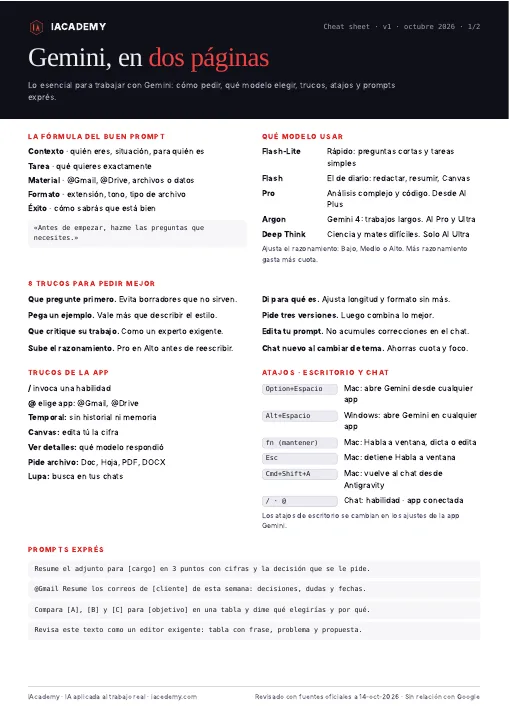 Primera página del cheat sheet de Gemini